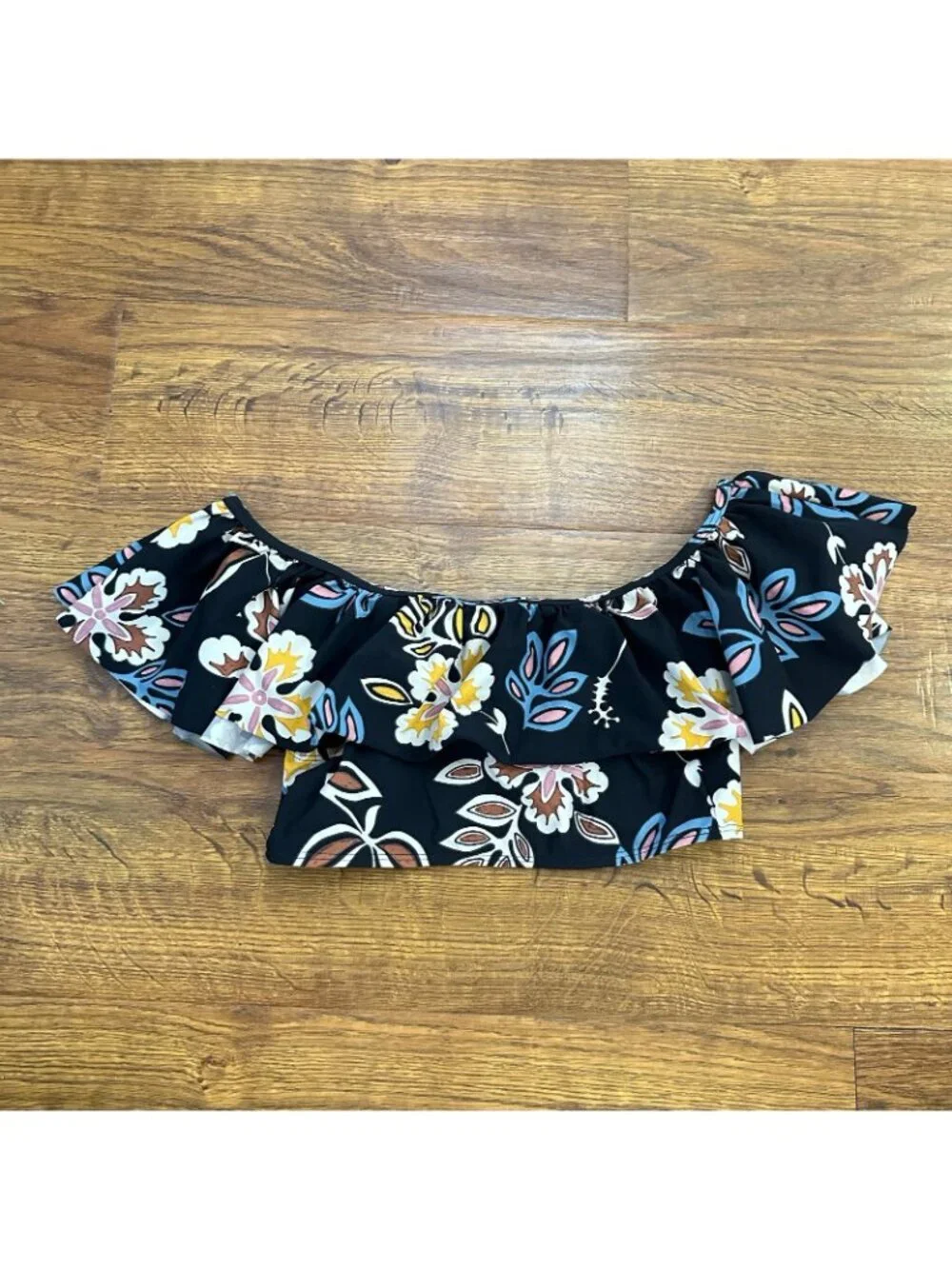 Tory Burch Hopewell Floral Off Shoulder Bandeau Top in black with multi flowers